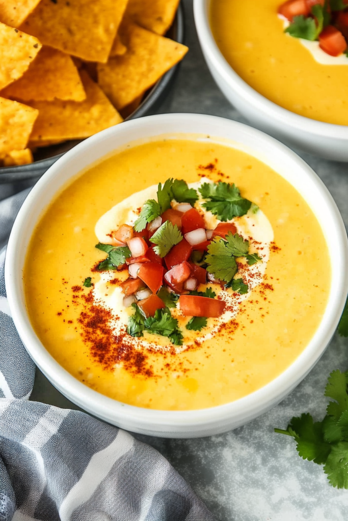 Appetizer presentation of queso dip surrounded by chips, ready for dipping.