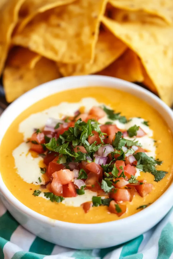 Close-up of smooth cheese dip with a drizzle of sour cream and colorful garnishes.
