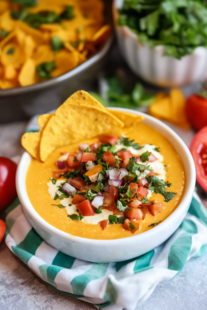 Torchy’s Queso Recipe served with crispy tortilla chips in the background.