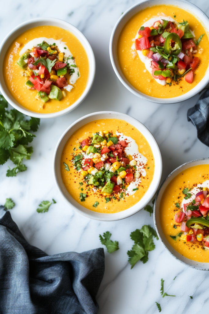Bowl of creamy queso dip topped with fresh tomatoes, onions, and cilantro.