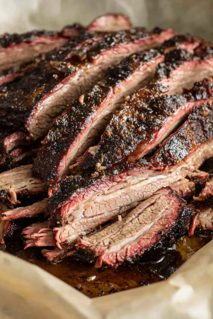 Juicy brisket slices arranged on a tray after resting.