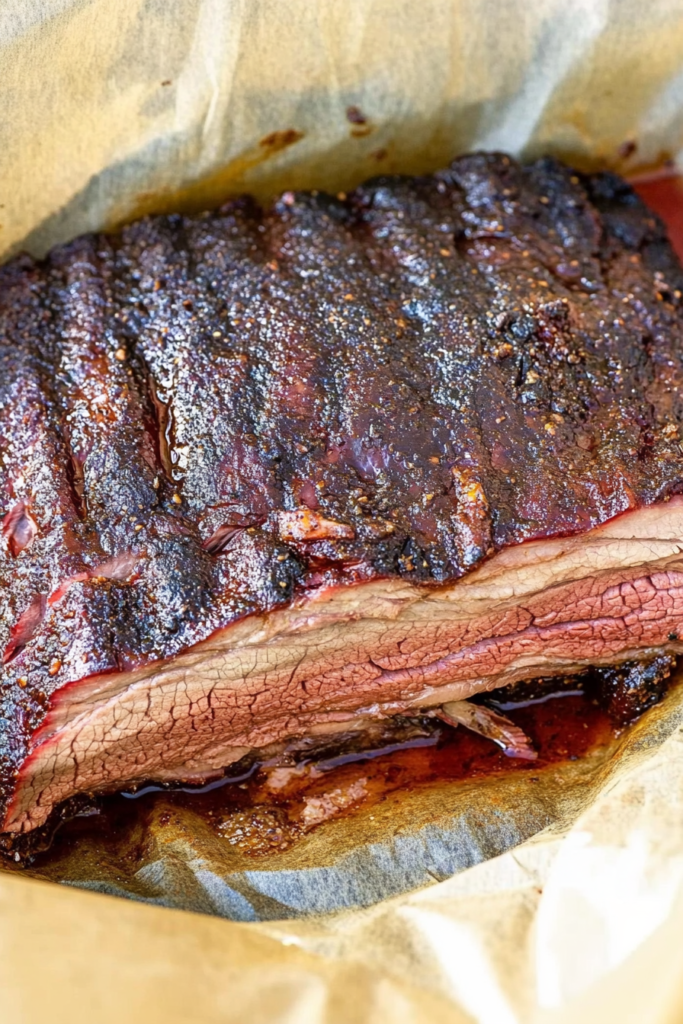 Smoked beef brisket with caramelized crust and moist center.