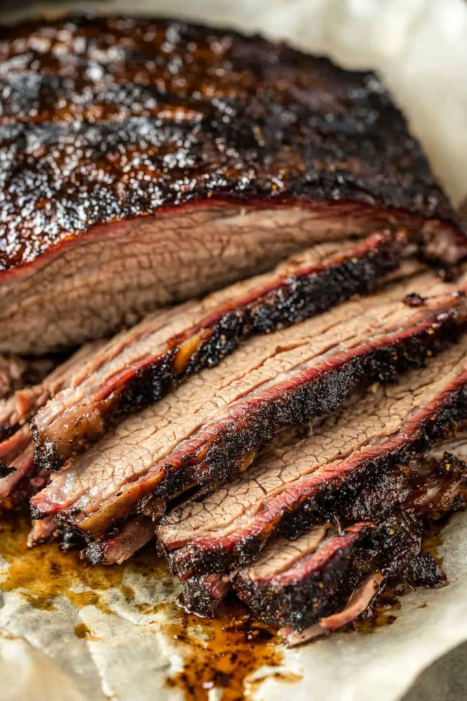 Close-up of tender beef brisket slices showing smoke ring and rendered fat.