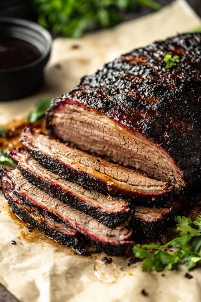 Slow-cooked beef brisket cut into thick slices with visible juices.