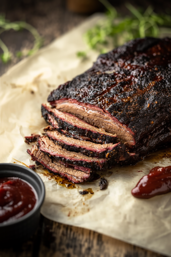 Sliced smoked brisket with a dark bark and juicy interior resting on parchment paper.