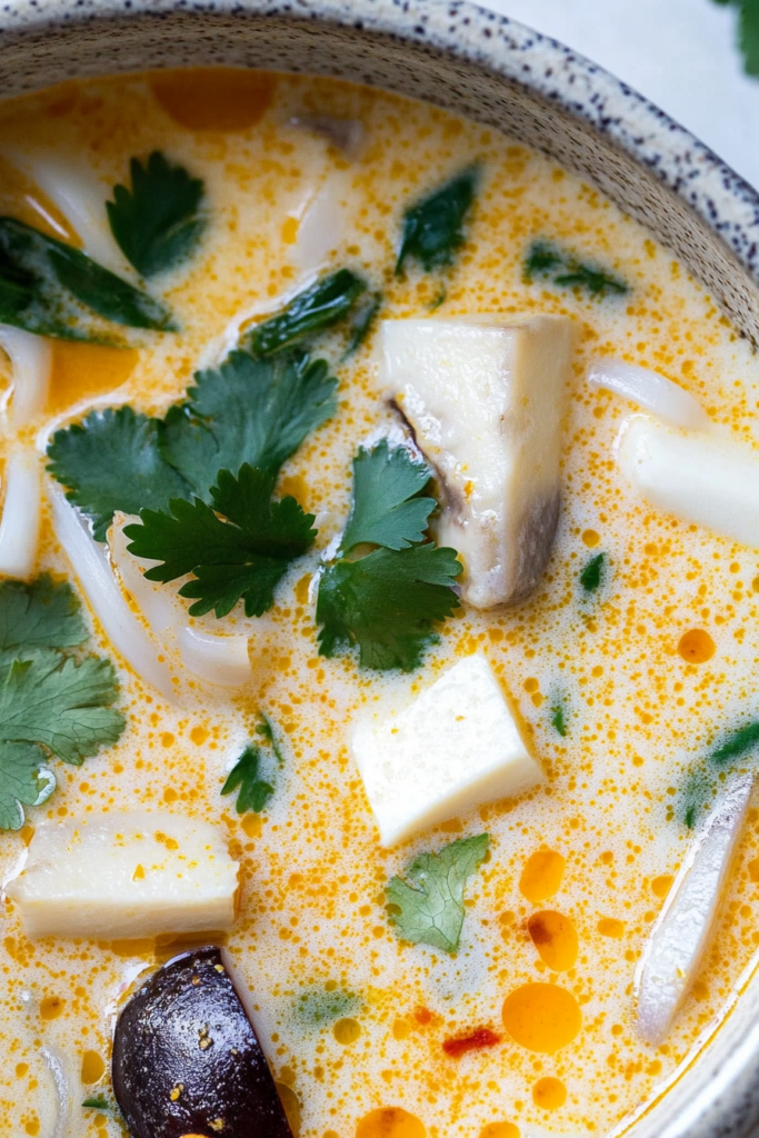 Close-up of vegan coconut soup with tofu, mushrooms, and fragrant Thai aromatics.