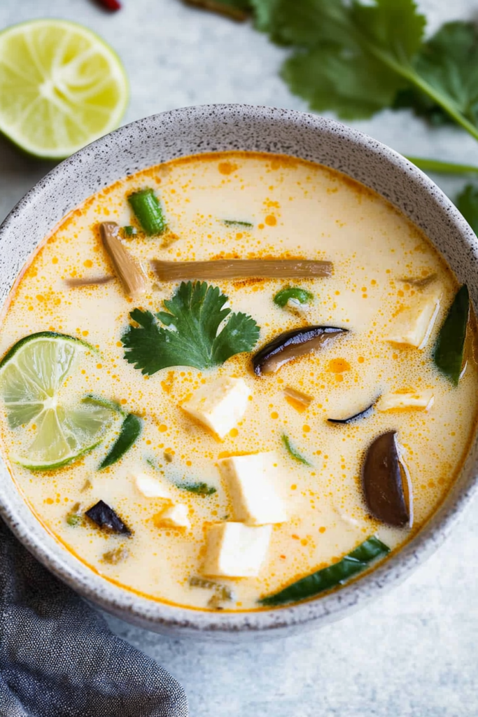 Creamy Thai coconut soup with tofu, mushrooms, lemongrass, and fresh lime in a ceramic bowl.