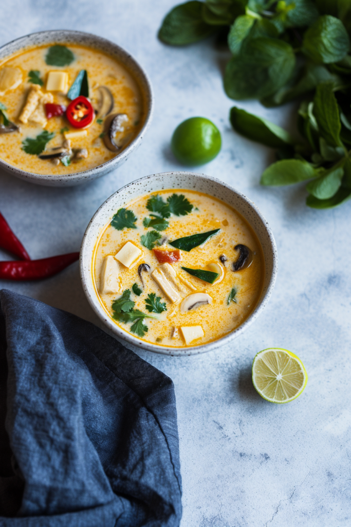 Rich coconut milk soup with tofu, lemongrass, kaffir lime leaves, and chili oil.