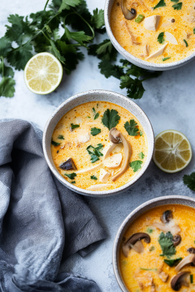Plant-based Thai-inspired coconut soup served with fresh herbs and lime slices.