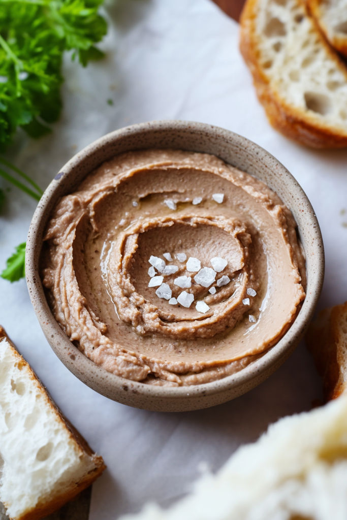 Close-up of rich, spreadable pâté paired with slices of rustic bread.