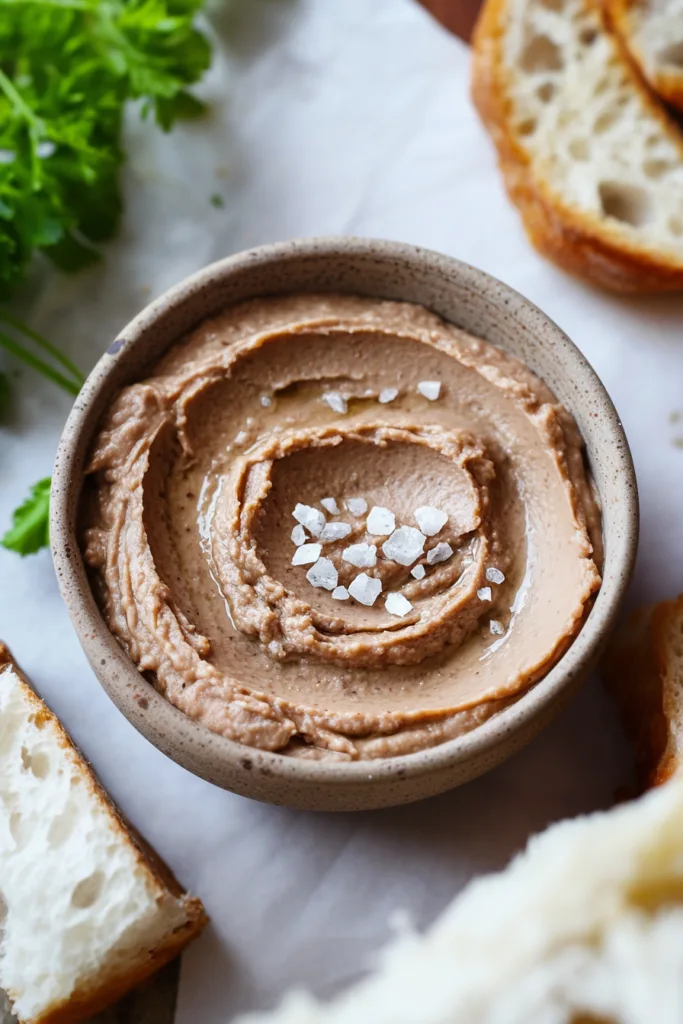 Close-up of rich, spreadable pâté paired with slices of rustic bread.