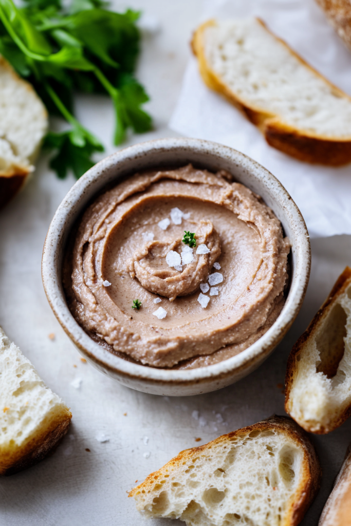 Smooth homemade pâté with a swirl on top, garnished with sea salt flakes.
