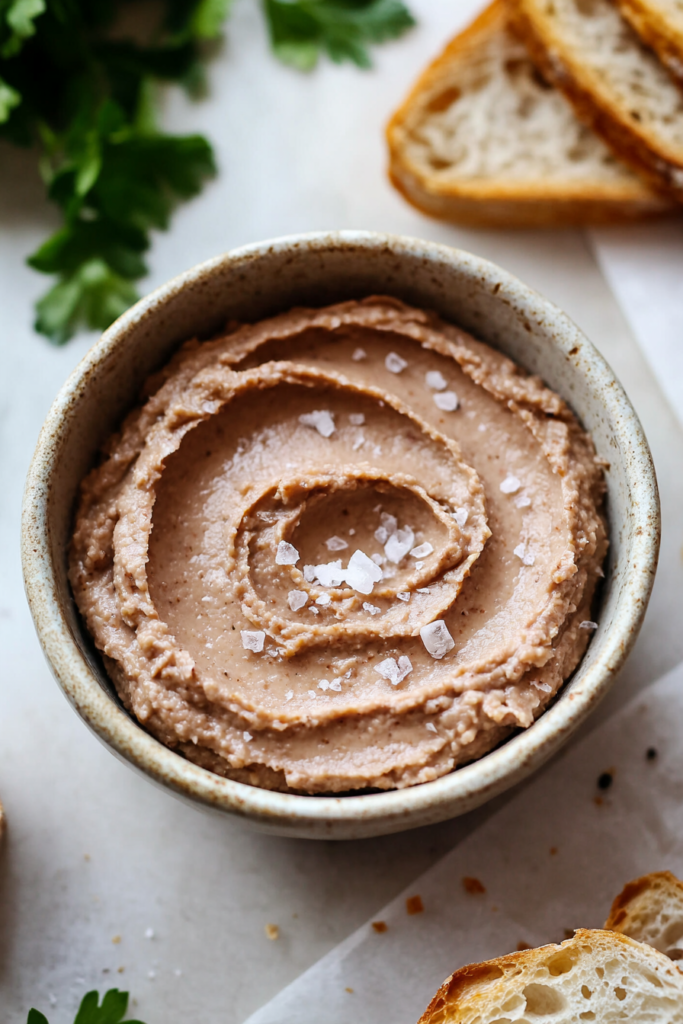 Bowl of silky pâté styled with fresh herbs and toasted bread on the side.