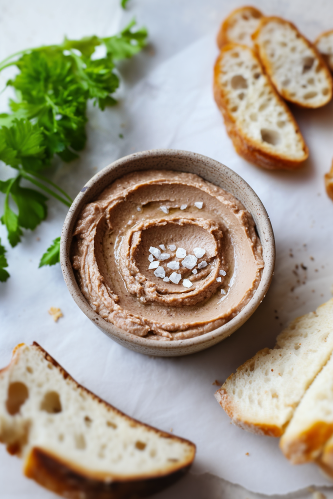 Rustic pâté spread presented as an appetizer with bread and herbs.