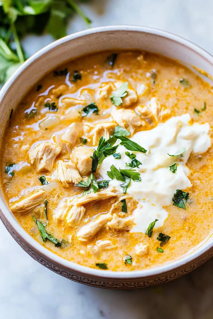 Close-up of a rich, creamy chicken stew with tender shredded chicken and herbs.