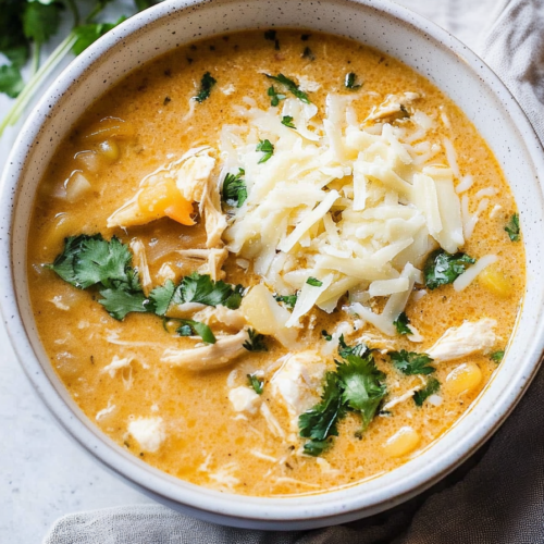 A bowl of creamy chicken chili topped with sour cream and fresh herbs.