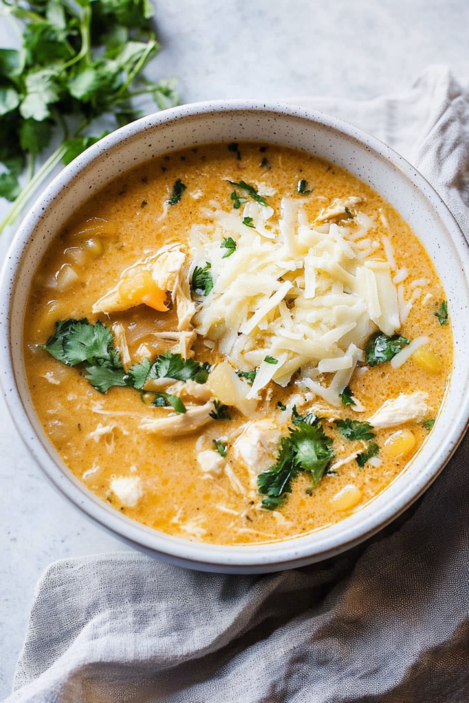 A bowl of creamy chicken chili topped with sour cream and fresh herbs.
