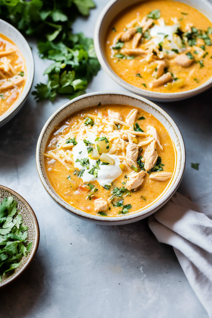 Warm, comforting chicken chili served in a bowl with a swirl of cream on top.