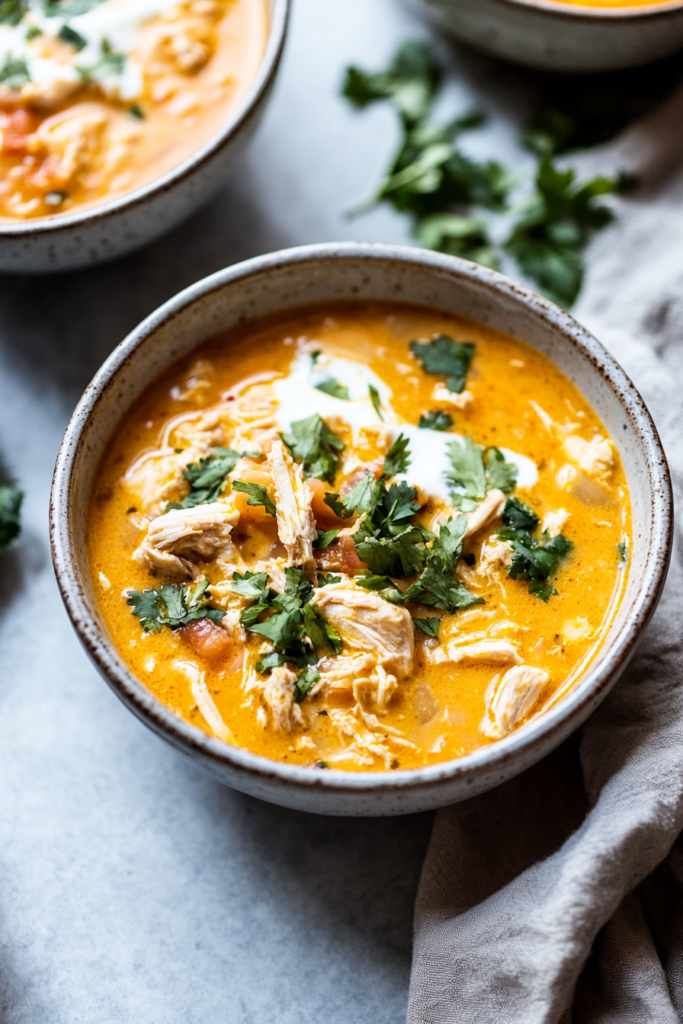 Creamy chicken dish served hot in a bowl, showing tender chicken pieces and a smooth texture.