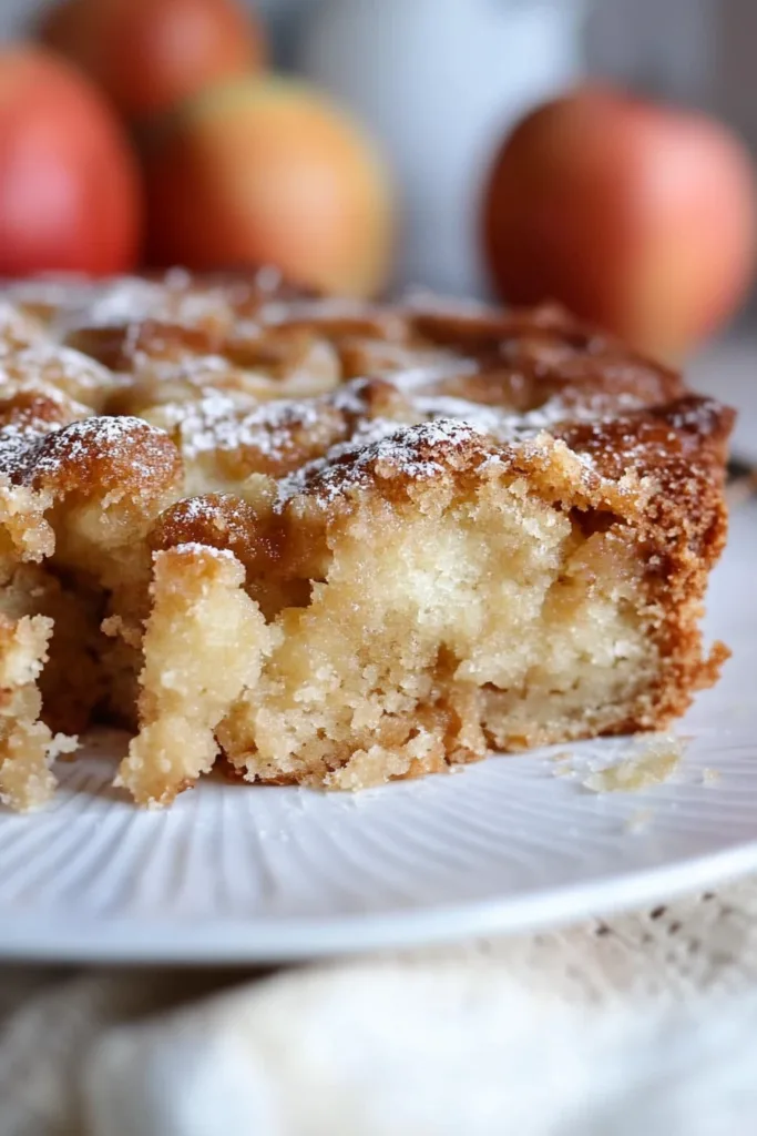 Finished apple cinnamon cake topped with powdered sugar, ready to serve