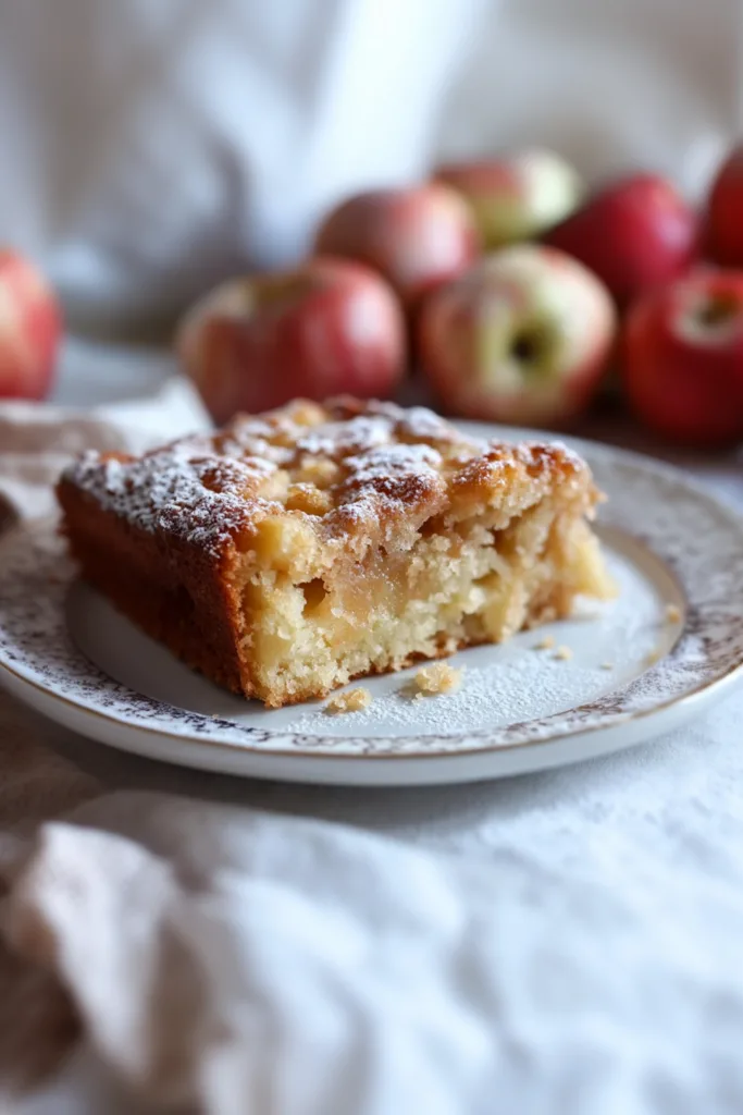 Apple fritter cake recipe served as a square slice with fresh apples in the background