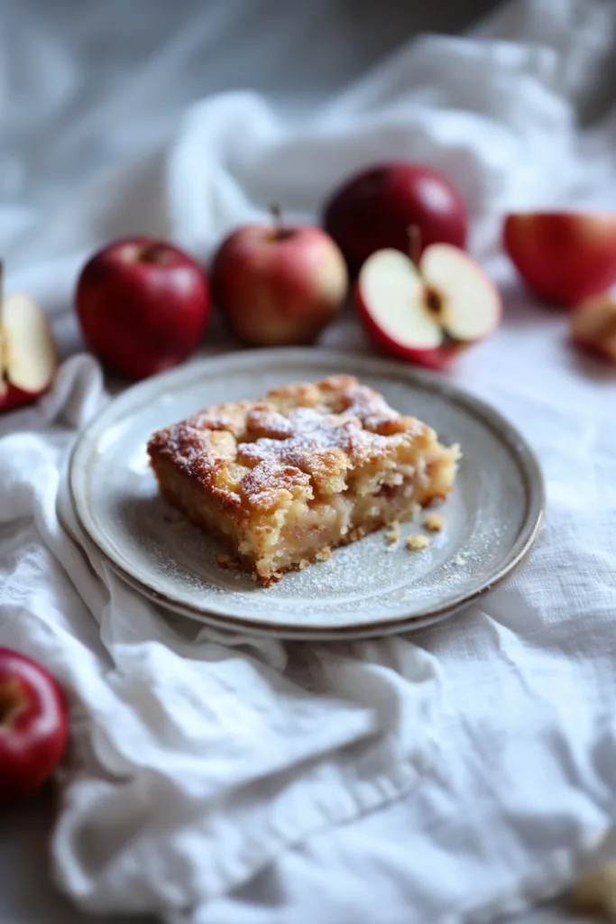 Slice of homemade apple cake with cinnamon sugar swirls, dusted with powdered sugar on a plate