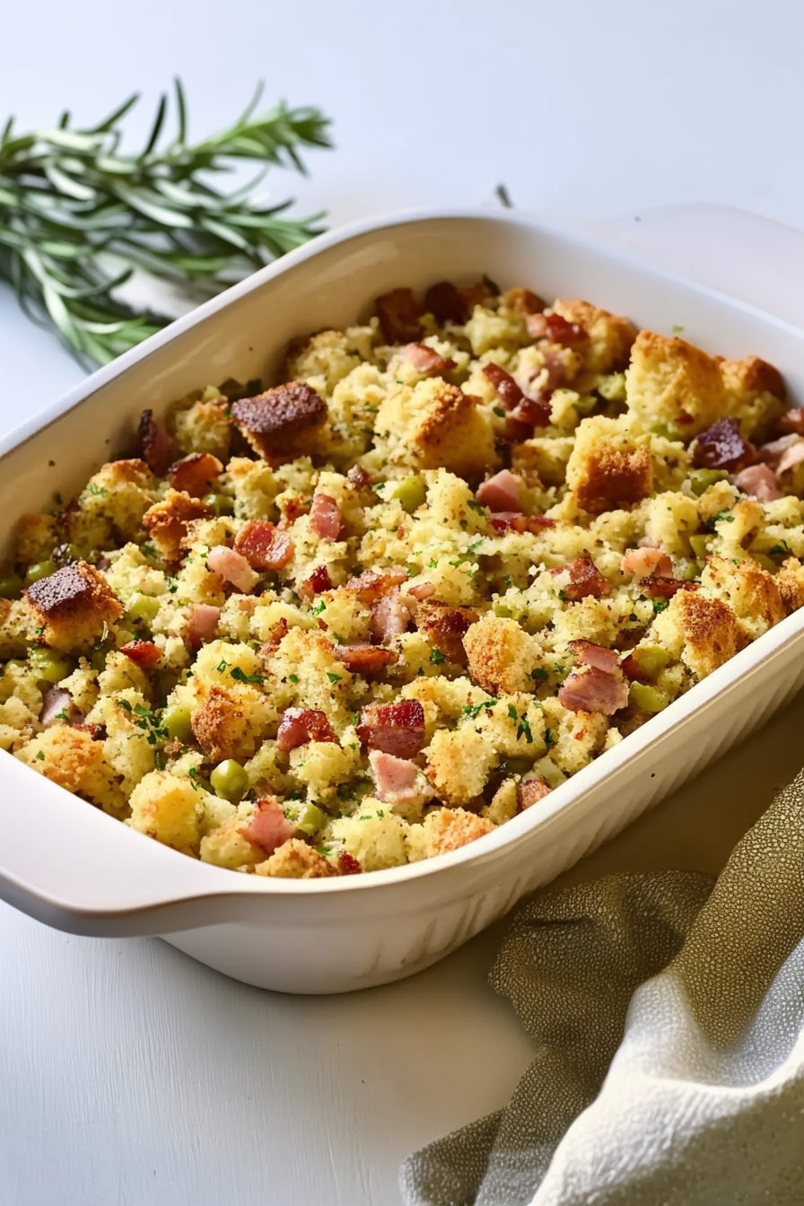 Casserole pan filled with cornbread cubes, bacon, and herbs fresh from the oven.