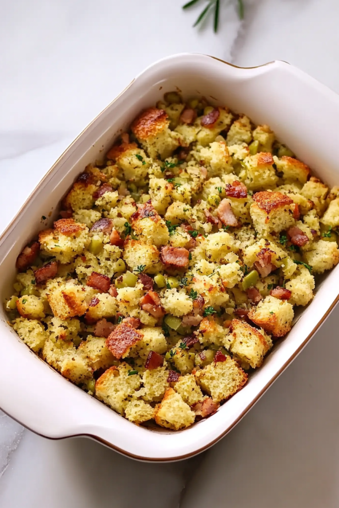 Baked cornbread stuffing with crispy bacon pieces and herbs in a casserole dish.