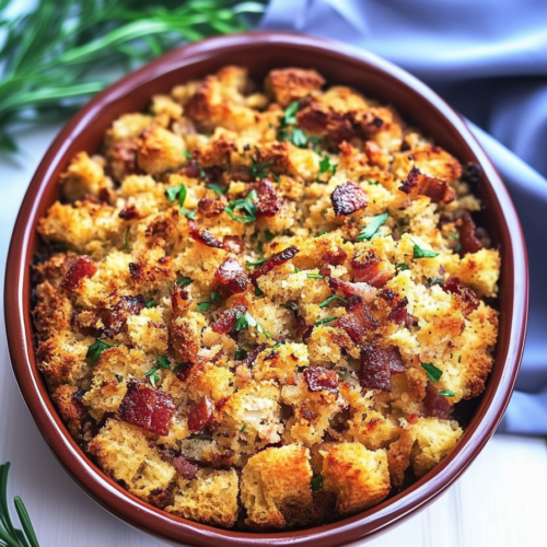 Close-up of savory stuffing with browned cornbread edges and smoky bacon bits.