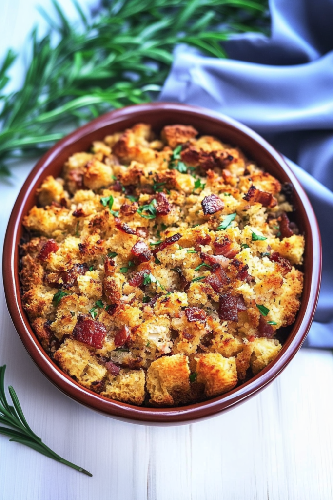 Close-up of savory stuffing with browned cornbread edges and smoky bacon bits.