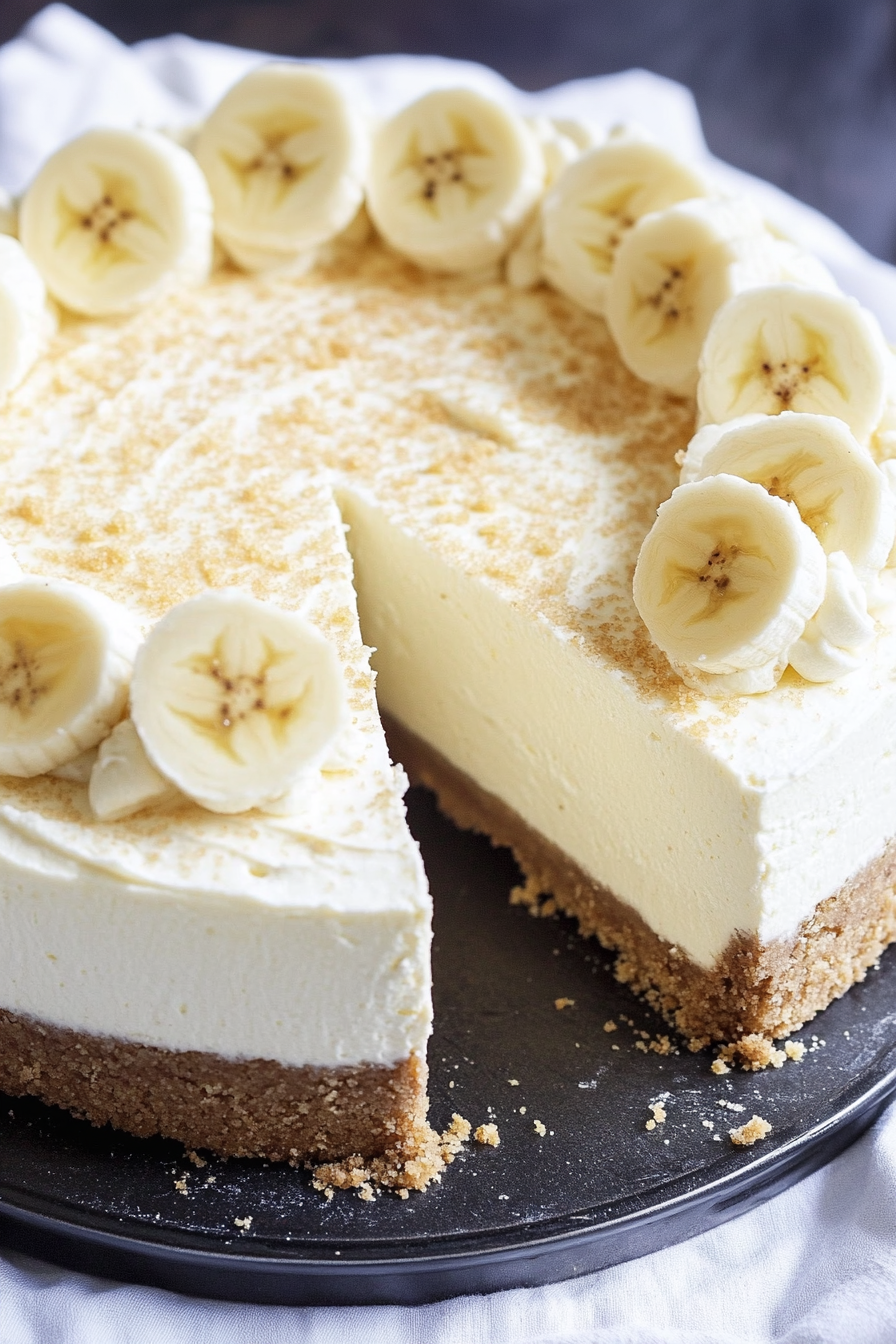 Close-up of the dessertโs velvety layers, highlighting the contrast between crust and cream.