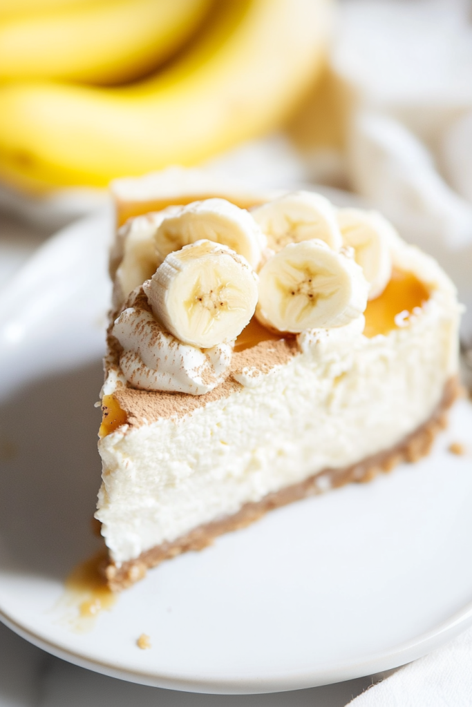 Plated wedge showing the thick banana-infused filling against a blurred bunch of bananas in the background.