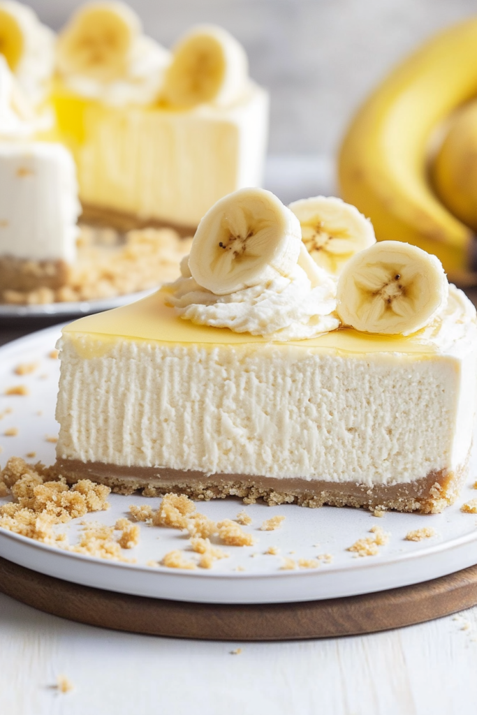 Final presentation of Banana Cream Cheesecake, styled with scattered crumbs and fruit for a polished look.