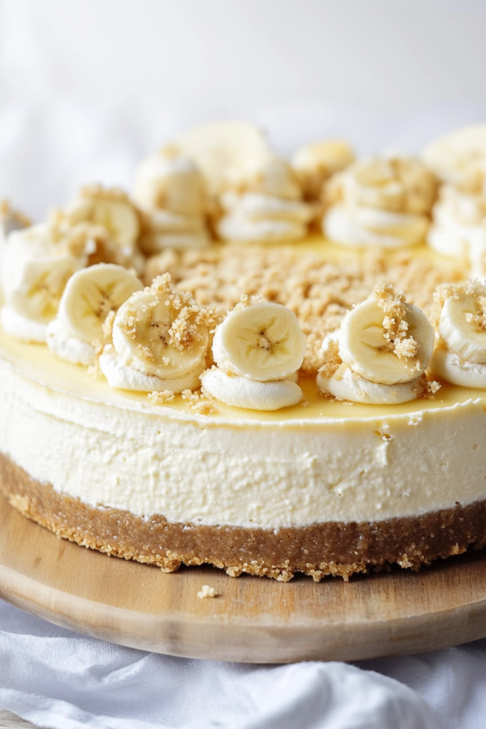 Whole pie with a smooth custard-like filling and golden graham cracker crust, garnished with banana slices.