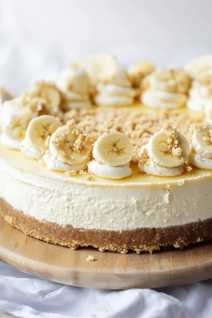 Whole pie with a smooth custard-like filling and golden graham cracker crust, garnished with banana slices.