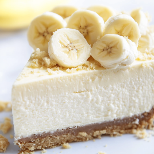 A creamy cheesecake slice topped with fresh banana rounds and a sprinkle of crumbs.