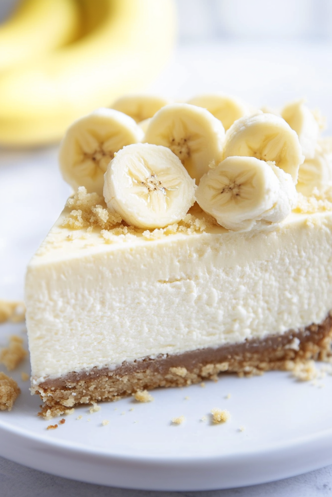 A creamy cheesecake slice topped with fresh banana rounds and a sprinkle of crumbs.