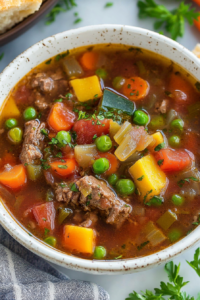 Close-up of rustic beef soup filled with colorful vegetables and slow-simmered meat.