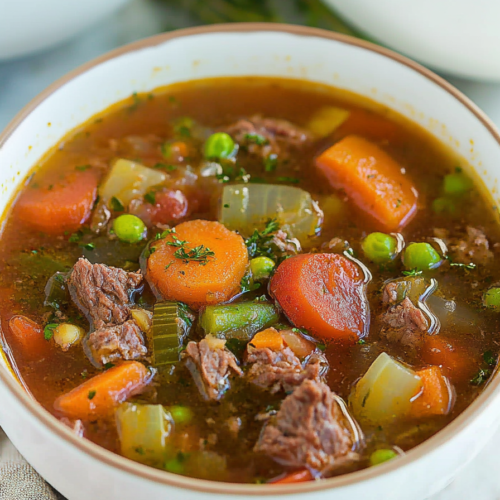 Thick vegetable-packed soup with chunks of beef, carrots, peas, and potatoes.