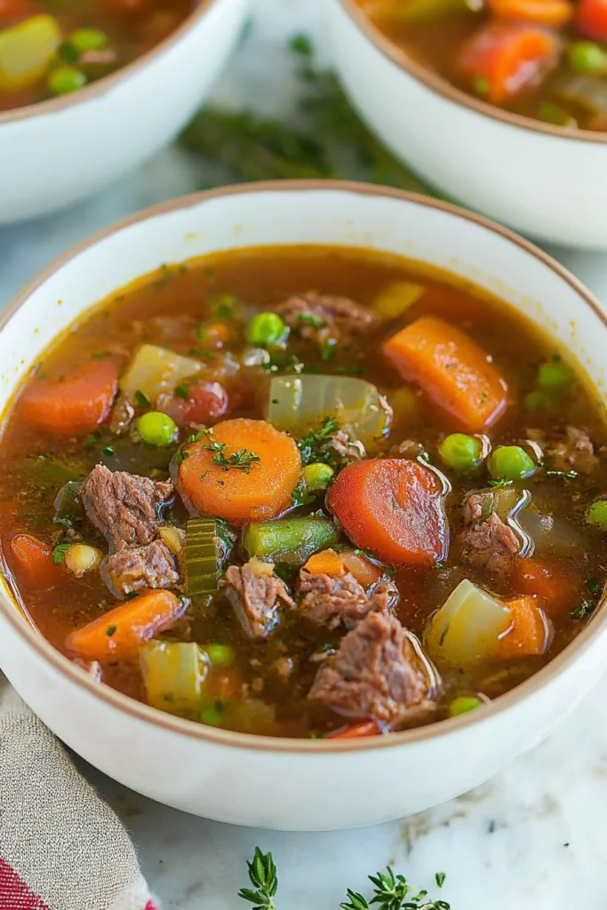 Thick vegetable-packed soup with chunks of beef, carrots, peas, and potatoes.