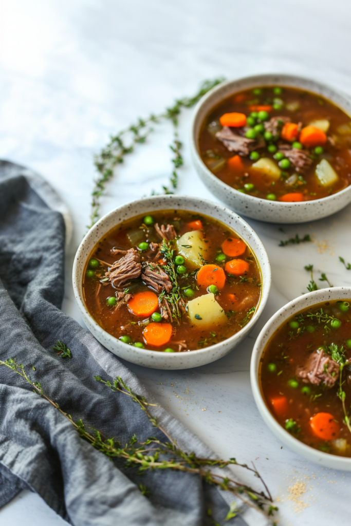 Warm bowl of beef and vegetable soup garnished with fresh herbs.