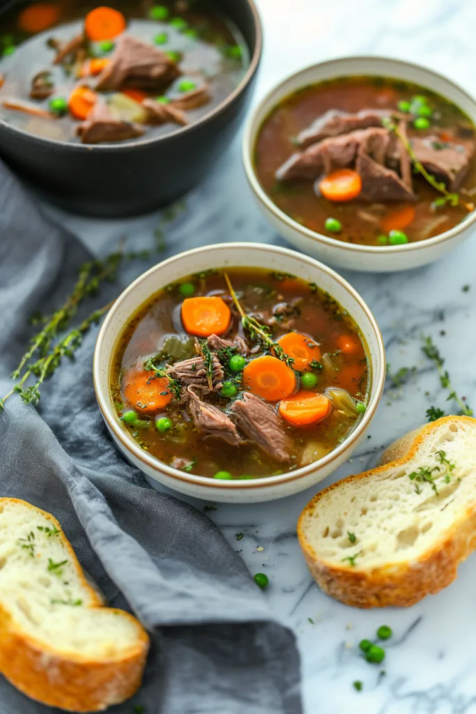 Hearty bowl of homemade soup with tender beef chunks, carrots, peas, and potatoes in rich broth.