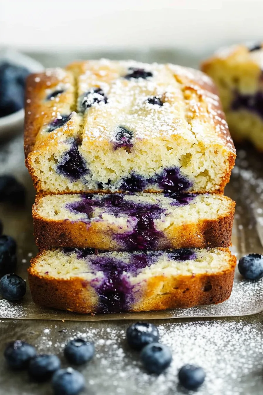 Close-up of a moist berry-studded loaf showing a soft, tender crumb