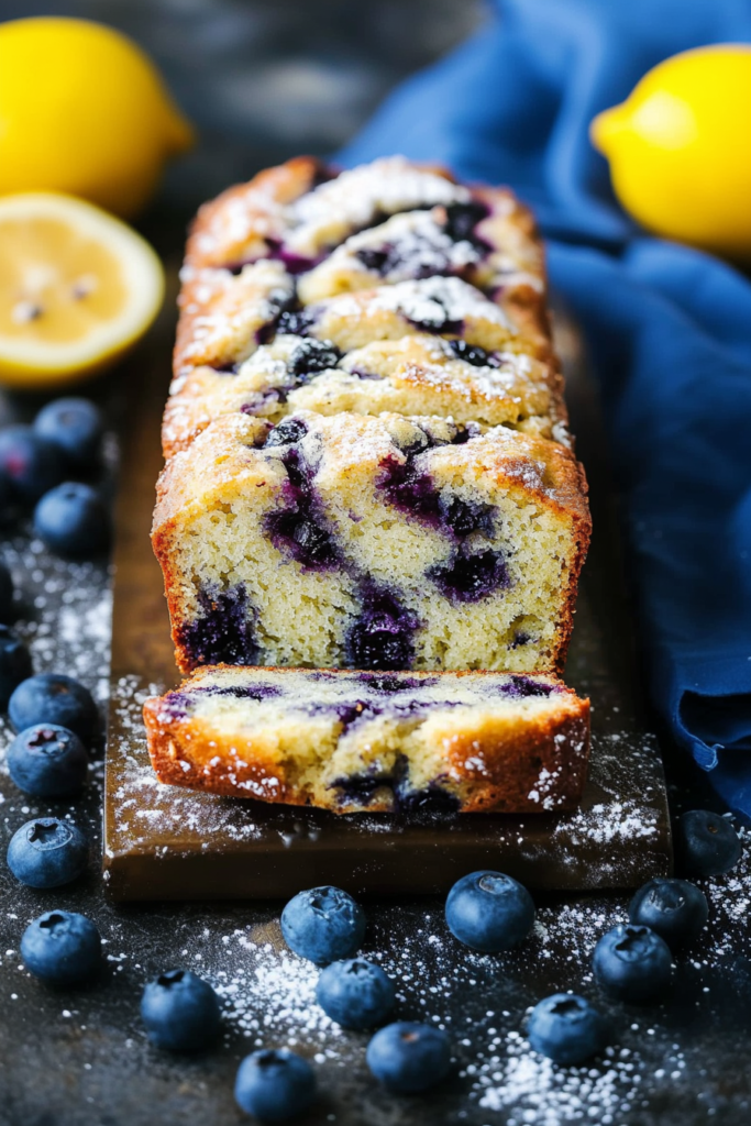 Rustic dessert loaf cut into slices on a wooden board with scattered berries