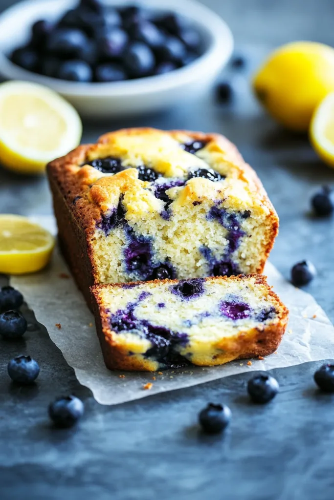 Sliced loaf cake with fresh blueberries and a light dusting of powdered sugar