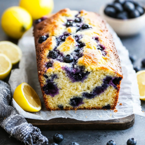 Golden loaf cake with pockets of baked blueberries and a lightly sugared top