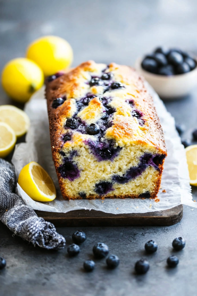 Golden loaf cake with pockets of baked blueberries and a lightly sugared top