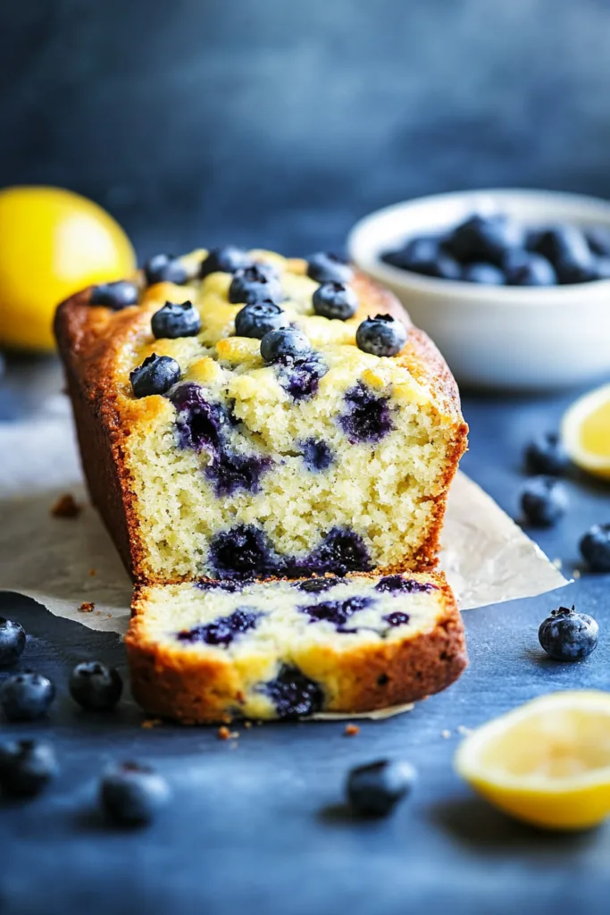 Homemade loaf cake sliced and served with fresh blueberries on the side