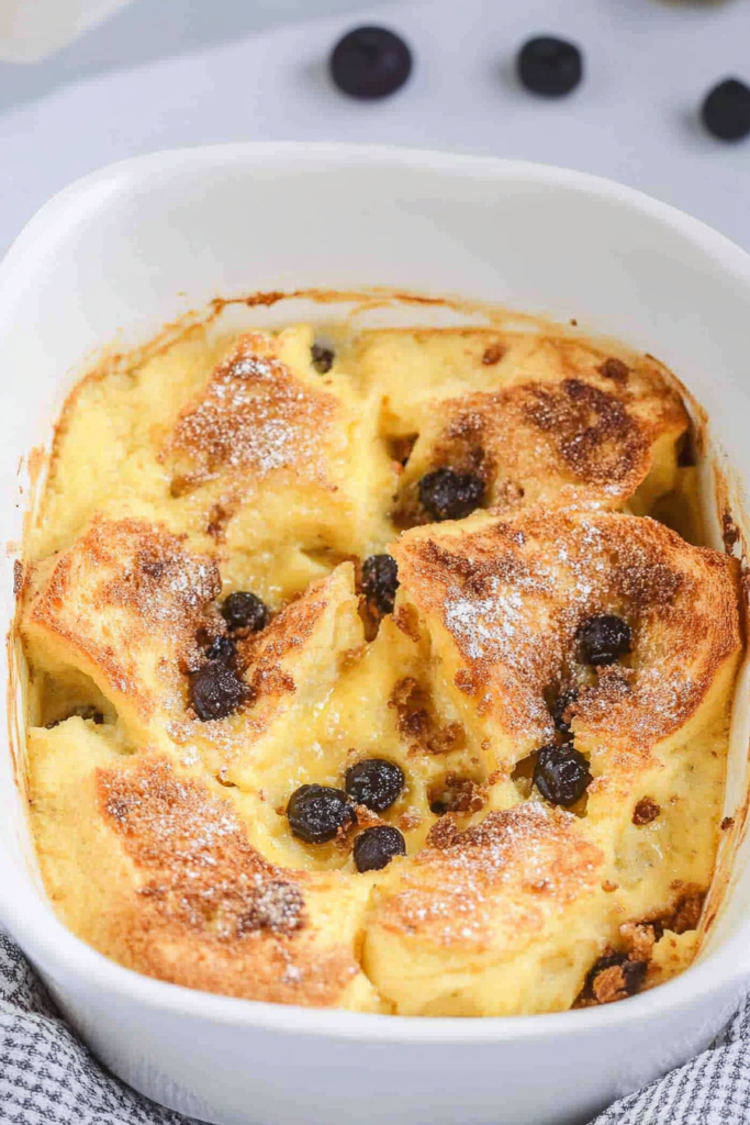 Golden-brown baked dessert with raisins, lightly dusted with powdered sugar in a white dish.