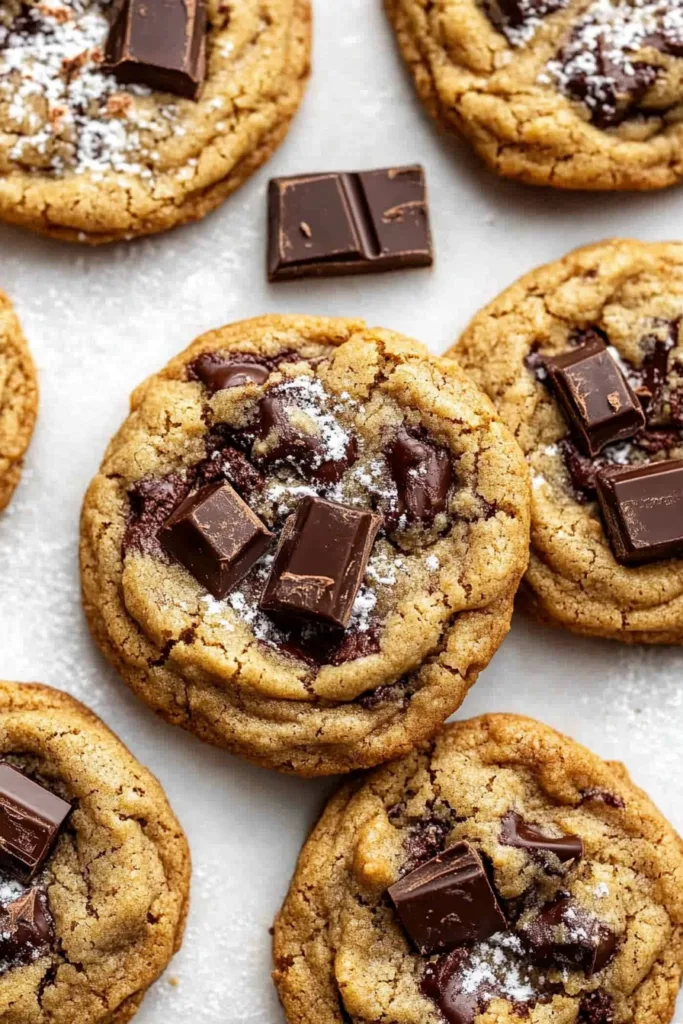 Cookies with crisp edges and gooey chocolate centers on a cooling surface.